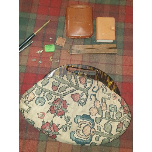 77 - Selection of collectables; 20th century ladies bag with faux handle, box wood four section ruler & o... 