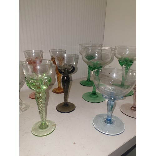 403 - Shelf Of Crystal Glasses To nInclude Coloured Glass Twist Stem Glasses