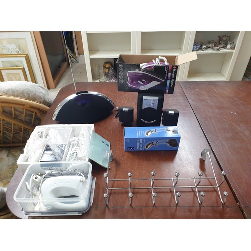 359 - DAB Teac Speaker / Radio, Russel Hobbs Steam Iron, Mini Hi Fi , Halogen Desk L;amp Chrome Coat Hange... 