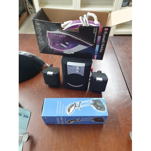 359 - DAB Teac Speaker / Radio, Russel Hobbs Steam Iron, Mini Hi Fi , Halogen Desk L;amp Chrome Coat Hange... 