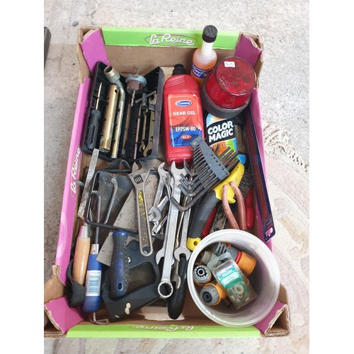 305 - Large Box Tools Spanners, Wrench, Saws, Allan Keys, Gear Oil, Black Car Polish, Tool Kit Etc