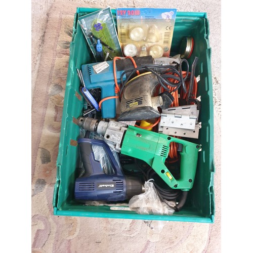 306 - Large Crate Of vAssorted Tools, Hammer Drill, Heat Gun, Detail Sander Etc