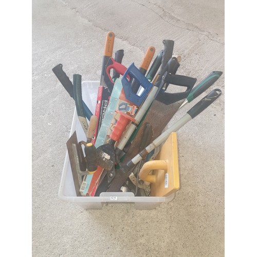 315 - Large Crate Of Assorted Tools Saws, Shears, Garden Laupers, Plasterers Tools Etc