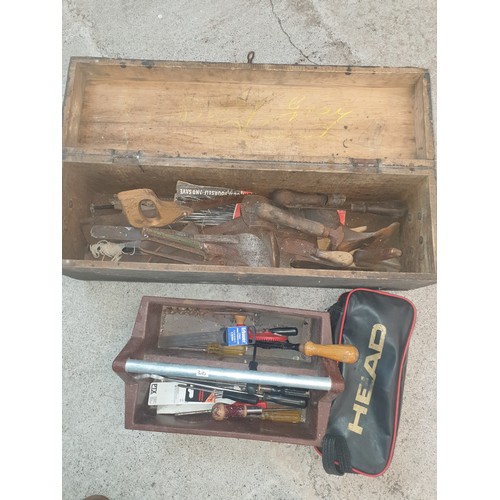 316 - Heavy Duty Wooden Tool Chest With Vintage Tools And Tool Carrier With Tools etc