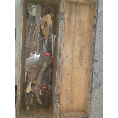 316 - Heavy Duty Wooden Tool Chest With Vintage Tools And Tool Carrier With Tools etc