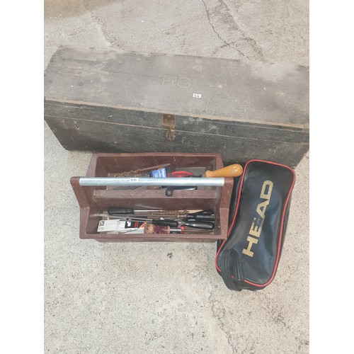 316 - Heavy Duty Wooden Tool Chest With Vintage Tools And Tool Carrier With Tools etc