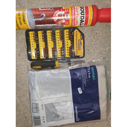 331 - Tray Of Assorted Tools Etc 51 Piece Driver Set, Dust Sheet, Gap Filler Ties, Screws Nails etc