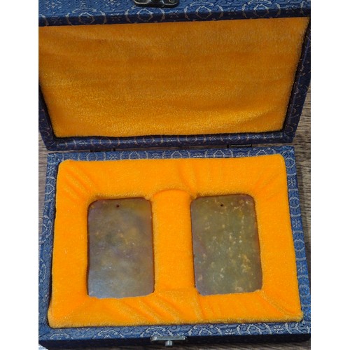 52 - Pair of Chinese Amulets Phoenix scene in silk fitted case.
