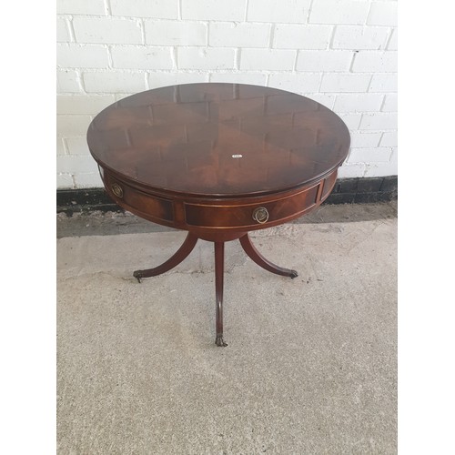 266 - Reproduction Barrel Table With 4 Leg Slayed Feet Leading To Brass Lion Paw Casters.