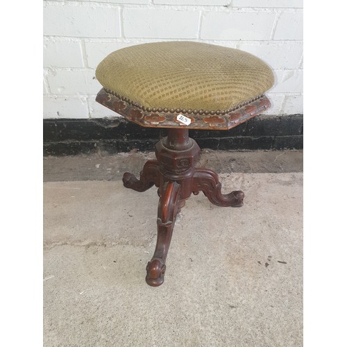 268 - Antique Victorian Hexagonal Stool On Carved Tri Leg Base.