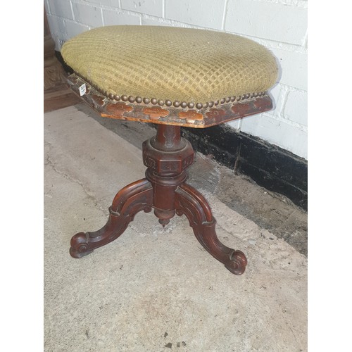 268 - Antique Victorian Hexagonal Stool On Carved Tri Leg Base.