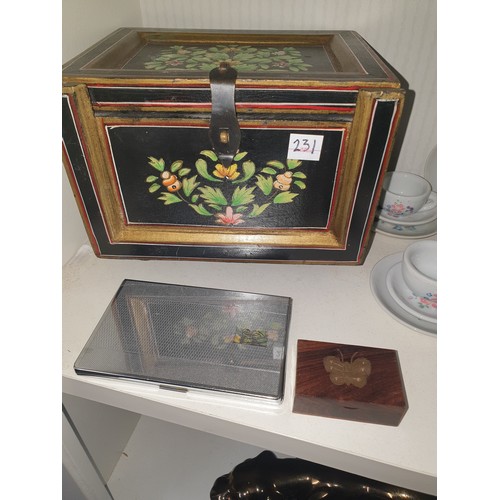 231 - Shelf Of Collectables Childs Tea Set Snuff Box Cigarette Case And Hand Painted Jewellery Box