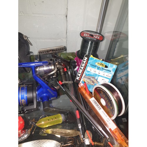 232 - Shelf Of Fishing Tackle Reels, Spools New Line, Lures Split Shots Floats, Bubbles Hooks etc