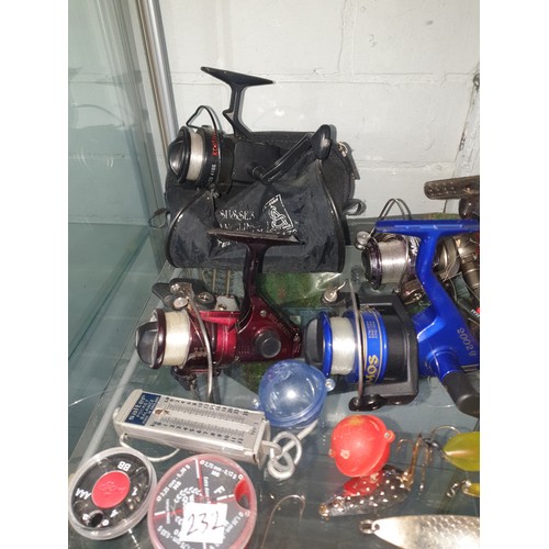232 - Shelf Of Fishing Tackle Reels, Spools New Line, Lures Split Shots Floats, Bubbles Hooks etc