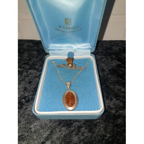 24 - Silver Necklace With Silver And Amber Pendant And Silver Scottish Thistle Brooch With Amber Stone