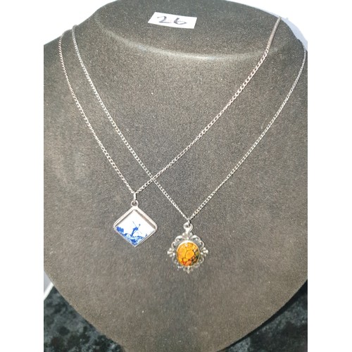 26 - 2 Silver Chains And Scottish Stone Pendant along With Delft Pendant