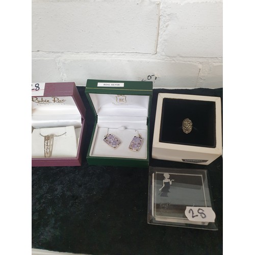 28 - Silver Necklace And Silver Pendant, Silver And Enamel Ear Rings With Silver Marcasite Ring