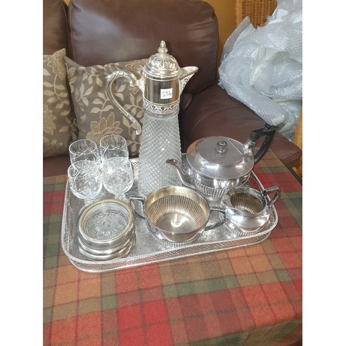 236 - 3 Piece EP Tea Set With Ep And Glass Wine Carafe 4 Crystal Glasses 4 EP and Glass Coasters And Nice ... 