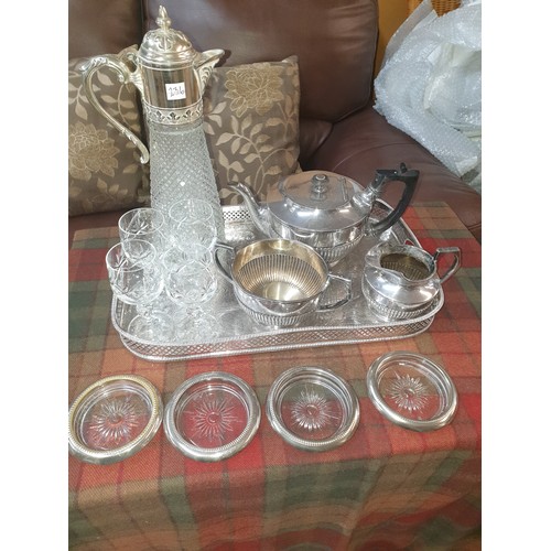 236 - 3 Piece EP Tea Set With Ep And Glass Wine Carafe 4 Crystal Glasses 4 EP and Glass Coasters And Nice ... 