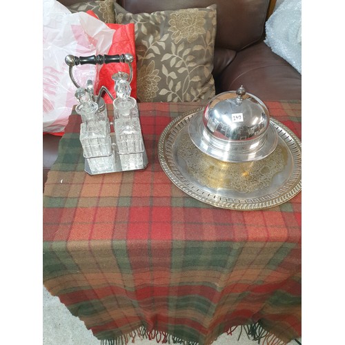 239 - EP Tray With Ep Muffin Dish With Cover And 4 Piece Victorian Glass And EP Cruet Set With Stand