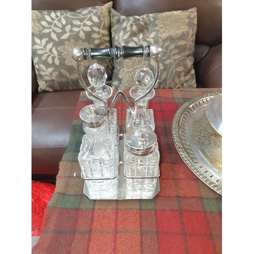 239 - EP Tray With Ep Muffin Dish With Cover And 4 Piece Victorian Glass And EP Cruet Set With Stand