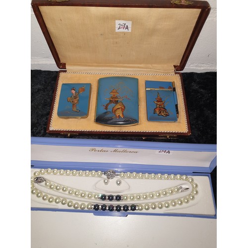 29A - Boxed Simulated Pearls Necklace And Bracelet Set and Boxed Oriental Note Pad Cigarette Box And Card ... 