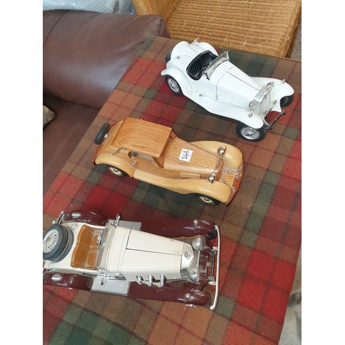 243 - 3 Large Scale Vintage Sports Cars 2 Die Cast 1 Wooden Hand Built