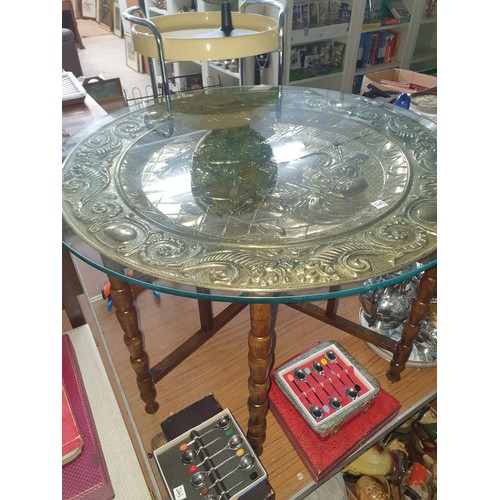 245 - Oriental Brass Topped Table With Glass Preserve