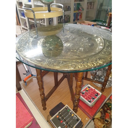 245 - Oriental Brass Topped Table With Glass Preserve