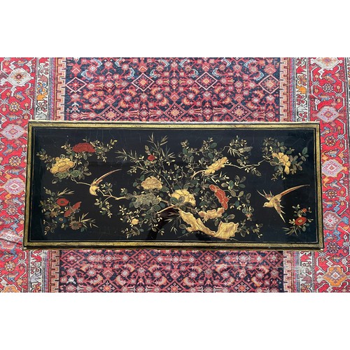 62 - Black lacquer panel with gilt chinoiserie floral and bird motif. Maison Bagues or Maison Jansen. Mid... 