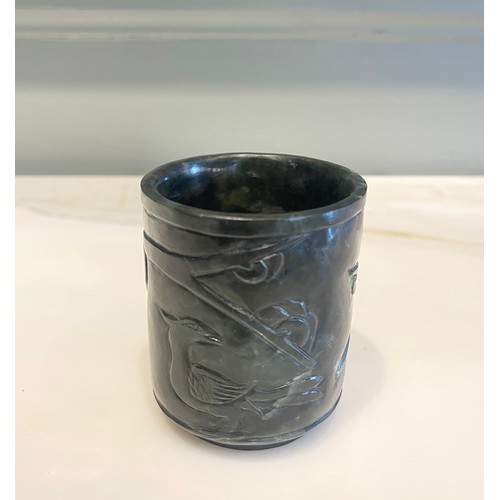 68 - A Chinese Jade Cylindrical Pot Carved With A Bird and Foliage (probably 17th Century)Condylis Collec... 