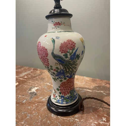 73 - Chinese Famille Rose Qing Dynasty porcelain baluster vase. Converted to electric Lamp. Decorated wit... 