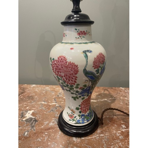 73 - Chinese Famille Rose Qing Dynasty porcelain baluster vase. Converted to electric Lamp. Decorated wit... 