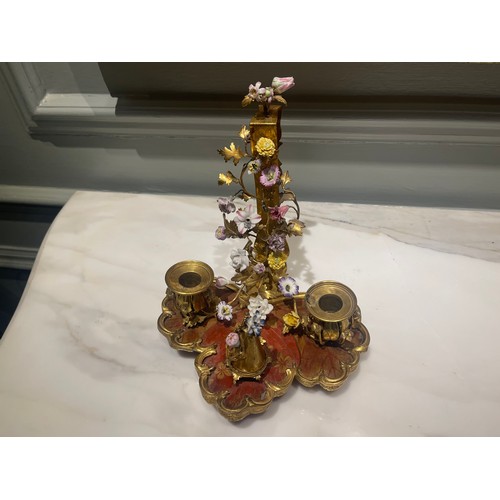 77 - A very fine Louis XV fine ormolu, scarlet Chinese lacquer, and porcelain bougeoir de paravent with o... 