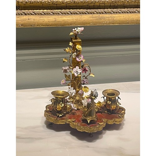 77 - A very fine Louis XV fine ormolu, scarlet Chinese lacquer, and porcelain bougeoir de paravent with o... 