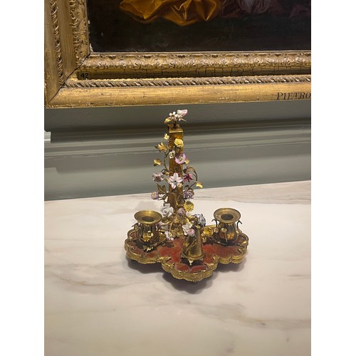 77 - A very fine Louis XV fine ormolu, scarlet Chinese lacquer, and porcelain bougeoir de paravent with o... 