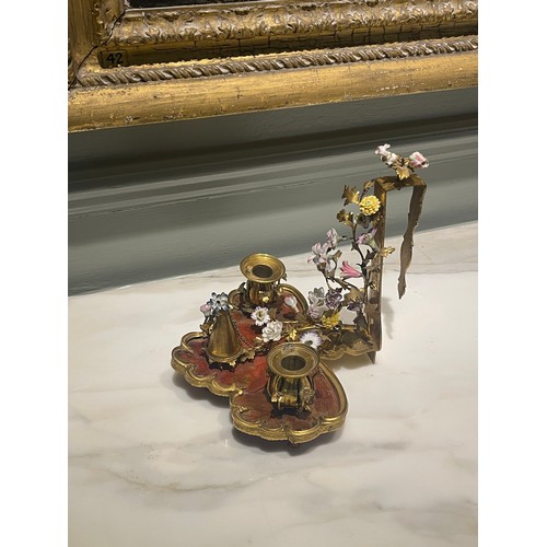 77 - A very fine Louis XV fine ormolu, scarlet Chinese lacquer, and porcelain bougeoir de paravent with o... 