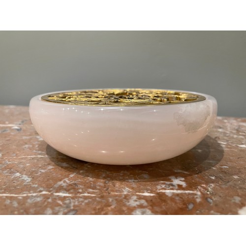 80 - A polished pale rose hardstone bowl and decorative gilt-brass cast cover. Condylis CollectionDi... 