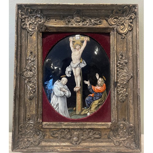 95 - Limoges oval polych depicting St. Bruno, Mary Magdalene, and the crucified Christ. With early applie... 