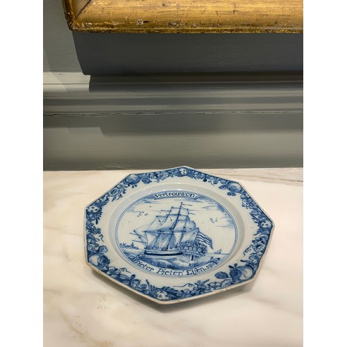 96 - A pair of fine Liverpool Delftware octagonal ship plates. Dated 1761. Painted in blue with a th... 