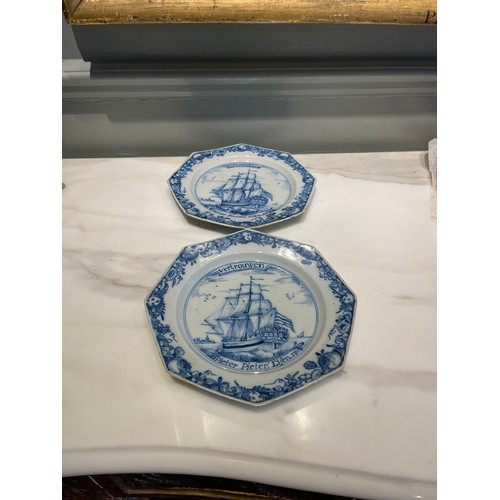 96 - A pair of fine Liverpool Delftware octagonal ship plates. Dated 1761. Painted in blue with a th... 