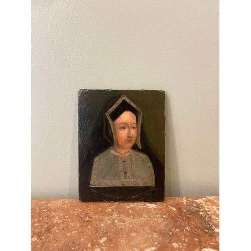 114 - A very early portrait of Catherine of Aragon. English School. Oil on beveled oak panelDimensions:(Pa... 