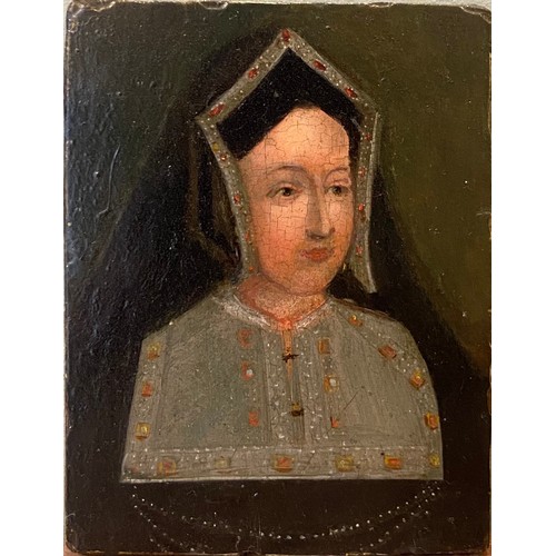 114 - A very early portrait of Catherine of Aragon. English School. Oil on beveled oak panelDimensions:(Pa... 