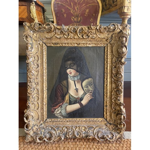 123 - Property of a Lady.Commedia dell'Arte Subject. 18th Century. Oil on canvas. In 18th century carved w... 