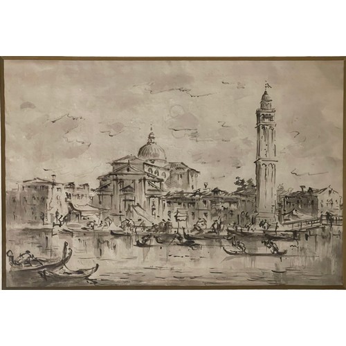 124 - A pair of Venetian scenes in the manner of Giacomo Guardi (1750 - 1831).  Black ink on paper. I... 