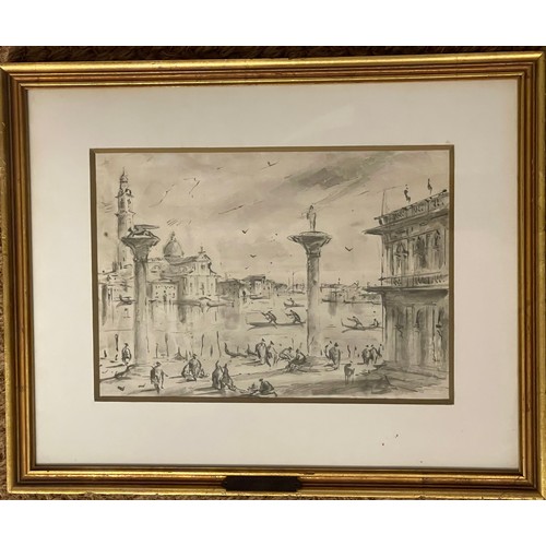 124 - A pair of Venetian scenes in the manner of Giacomo Guardi (1750 - 1831).  Black ink on paper. I... 