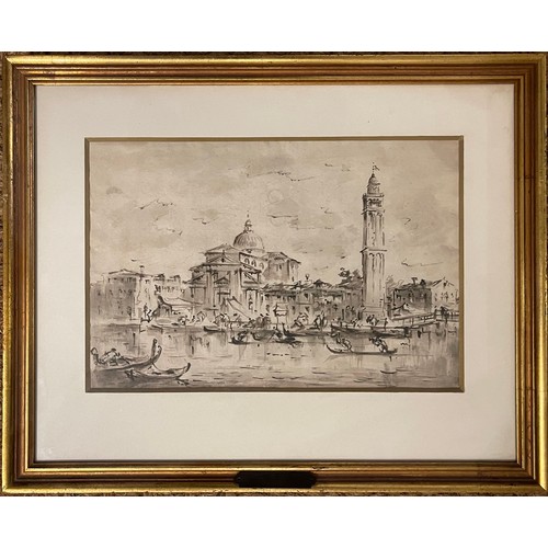 124 - A pair of Venetian scenes in the manner of Giacomo Guardi (1750 - 1831).  Black ink on paper. I... 