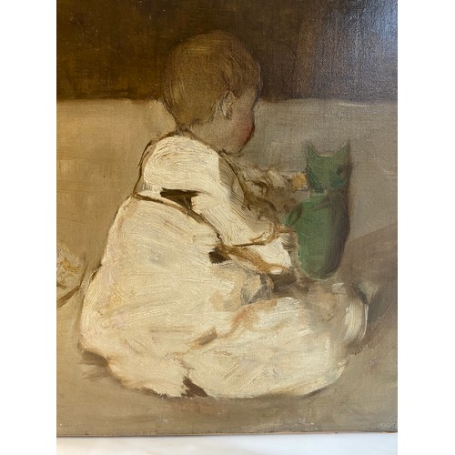 128 - Portrait of a Child with a Toy. English school circa 1900. Oil on canvas. Unframed.Dimensions:16 in ... 