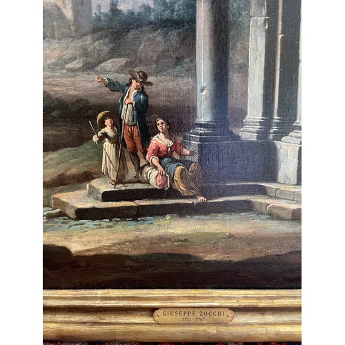 146 - Architectural Capricii with Figures amongst Classical Ruins. A pair. Oil on canvas. Giuseppe Zocchi.... 