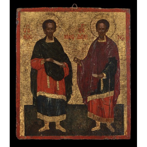 104A - Antique Greek Icon of Saints Kosmas and Damian (Arnagyroi). Greek, Ionian Island School, probably Co... 